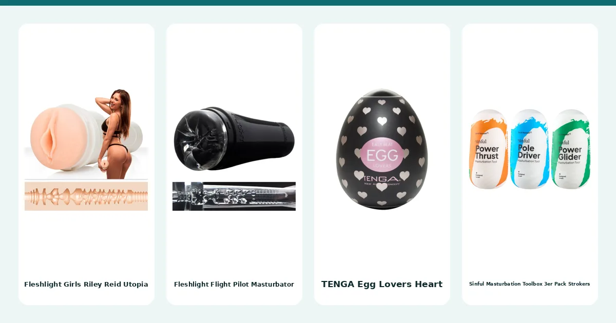 Vier fertige Taschenmuschis aus der Rangliste nebeneinander: Fleshlight Girls Riley Reid Utopia, Fleshlight Flight Pilot Masturbator, TENGA Egg Lovers Heart und Sinful Masturbation Toolbox 3er Pack Strokers